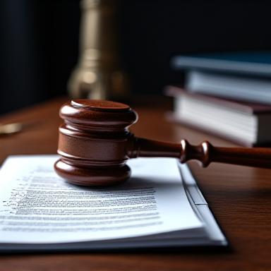 Documentos legales y mazo en escritorio